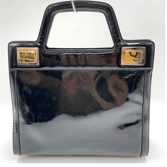 Salvatore Ferragamo Vintage Black Patent Leather Wanda Top Handle Handbag - Picture 1 of 16